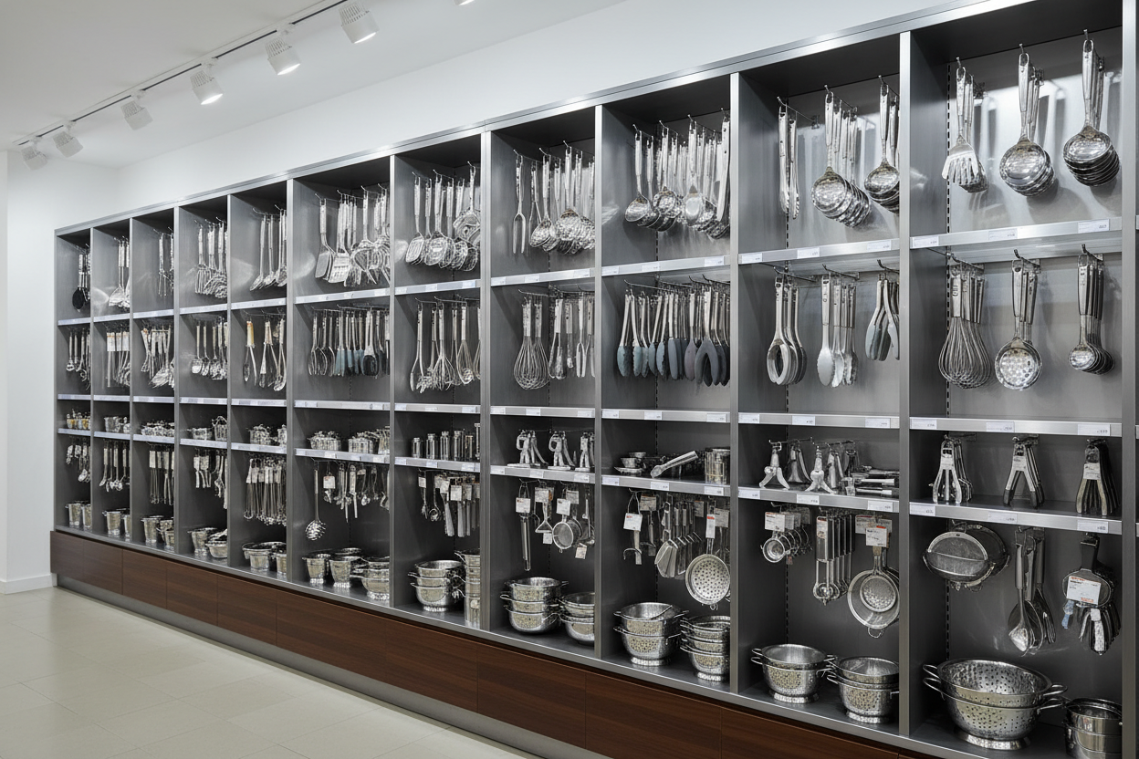 Mega shelf filled with utensils. 